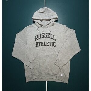 Y2K Russell Athletic Spell Out Hoodie‎ Sweatshirt Mens Large Gray Black Pullover